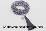 GMN1820 Knotted 8mm, 10mm dogtooth amethyst 108 beads mala necklace with tassel & charm