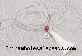GMN1822 Knotted 8mm, 10mm white crystal 108 beads mala necklace with tassel & charm