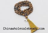 GMN1827 Knotted 8mm, 10mm yellow tiger eye 108 beads mala necklace with tassel & charm