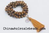 GMN1828 Knotted 8mm, 10mm yellow tiger eye 108 beads mala necklace with tassel & charm