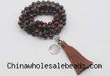 GMN1829 Knotted 8mm, 10mm red tiger eye 108 beads mala necklace with tassel & charm