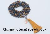 GMN1832 Knotted 8mm, 10mm colorful tiger eye 108 beads mala necklace with tassel & charm