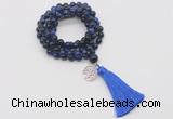 GMN1835 Knotted 8mm, 10mm blue tiger eye 108 beads mala necklace with tassel & charm