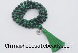 GMN1836 Knotted 8mm, 10mm green tiger eye 108 beads mala necklace with tassel & charm