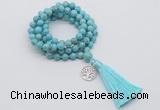GMN1837 Knotted 8mm, 10mm blue howlite 108 beads mala necklace with tassel & charm