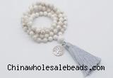 GMN1838 Knotted 8mm, 10mm white howlite 108 beads mala necklace with tassel & charm