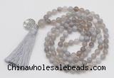 GMN1861 Knotted 8mm, 10mm grey banded agate 108 beads mala necklace with tassel & charm