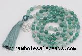 GMN1863 Knotted 8mm, 10mm green banded agate 108 beads mala necklace with tassel & charm