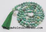 GMN1864 Knotted 8mm, 10mm grass agate 108 beads mala necklace with tassel & charm
