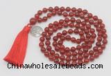 GMN1868 Knotted 8mm, 10mm red agate 108 beads mala necklace with tassel & charm