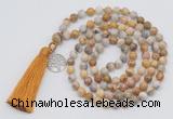 GMN1869 Knotted 8mm, 10mm yellow crazy agate 108 beads mala necklace with tassel & charm