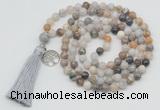 GMN1870 Knotted 8mm, 10mm bamboo leaf agate 108 beads mala necklace with tassel & charm