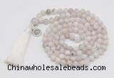 GMN1871 Knotted 8mm, 10mm white crazy agate 108 beads mala necklace with tassel & charm