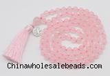 GMN1872 Knotted 8mm, 10mm rose quartz 108 beads mala necklace with tassel & charm