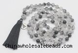 GMN1873 Knotted 8mm, 10mm black rutilated quartz 108 beads mala necklace with tassel & charm