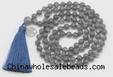 GMN1874 Knotted 8mm, 10mm labradorite 108 beads mala necklace with tassel & charm