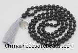 GMN1875 Knotted 8mm, 10mm black obsidian 108 beads mala necklace with tassel & charm
