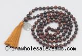 GMN1879 Knotted 8mm, 10mm red tiger eye 108 beads mala necklace with tassel & charm