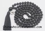 GMN1882 Knotted 8mm, 10mm black lava 108 beads mala necklace with tassel & charm