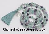 GMN1884 Knotted 8mm, 10mm fluorite 108 beads mala necklace with tassel & charm