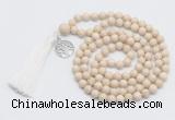 GMN1889 Knotted 8mm, 10mm white fossil jasper 108 beads mala necklace with tassel & charm