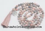 GMN1890 Knotted 8mm, 10mm pink zebra jasper 108 beads mala necklace with tassel & charm