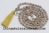 GMN1893 Knotted 8mm, 10mm feldspar 108 beads mala necklace with tassel & charm