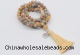 GMN2002 Knotted 8mm, 10mm matte yellow crazy agate 108 beads mala necklace with tassel & charm