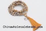 GMN2004 Knotted 8mm, 10mm matte fossil coral 108 beads mala necklace with tassel & charm