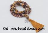 GMN2005 Knotted 8mm, 10mm matte mookaite 108 beads mala necklace with tassel & charm