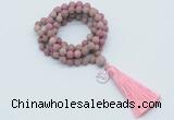 GMN2006 Knotted 8mm, 10mm matte pink fossil jasper 108 beads mala necklace with tassel & charm