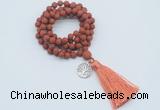 GMN2007 Knotted 8mm, 10mm matte red jasper 108 beads mala necklace with tassel & charm