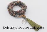 GMN2008 Knotted 8mm, 10mm matte picasso jasper 108 beads mala necklace with tassel & charm
