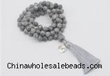 GMN2010 Knotted 8mm, 10mm matte grey picture jasper 108 beads mala necklace with tassel & charm