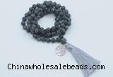 GMN2014 Knotted 8mm, 10mm matte black labradorite 108 beads mala necklace with tassel & charm