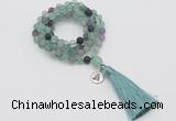 GMN2019 Knotted 8mm, 10mm matte fluorite 108 beads mala necklace with tassel & charm