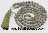 GMN2031 Knotted 8mm, 10mm matte rhyolite 108 beads mala necklace with tassel & charm
