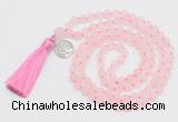 GMN2035 Knotted 8mm, 10mm matte rose quartz 108 beads mala necklace with tassel & charm