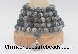 GMN2227 Hand-knotted 8mm, 10mm matte black water jasper 108 beads mala necklace with charm