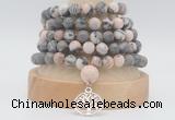 GMN2232 Hand-knotted 8mm, 10mm matte pink zebra jasper 108 beads mala necklaces with charm