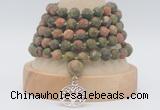 GMN2234 Hand-knotted 8mm, 10mm matte unakite 108 beads mala necklaces with charm