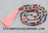 GMN229 Hand-knotted 6mm mixed banded agate 108 beads mala necklaces with tassel