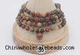 GMN2408 Hand-knotted 6mm picasso jasper 108 beads mala necklace with charm