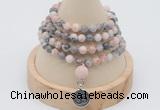 GMN2410 Hand-knotted 6mm pink zebra jasper 108 beads mala necklace with charm