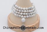 GMN2418 Hand-knotted 6mm white howlite 108 beads mala necklace with charm