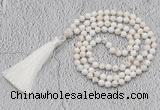 GMN243 Hand-knotted 6mm white howlite 108 beads mala necklaces with tassel