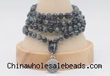 GMN2462 Hand-knotted 6mm snowflake obsidian 108 beads mala necklaces with charm