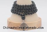 GMN2464 Hand-knotted 6mm black onyx 108 beads mala necklaces with charm