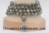 GMN2472 Hand-knotted 6mm rhyolite 108 beads mala necklaces with charm