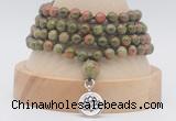 GMN2473 Hand-knotted 6mm unakite 108 beads mala necklaces with charm